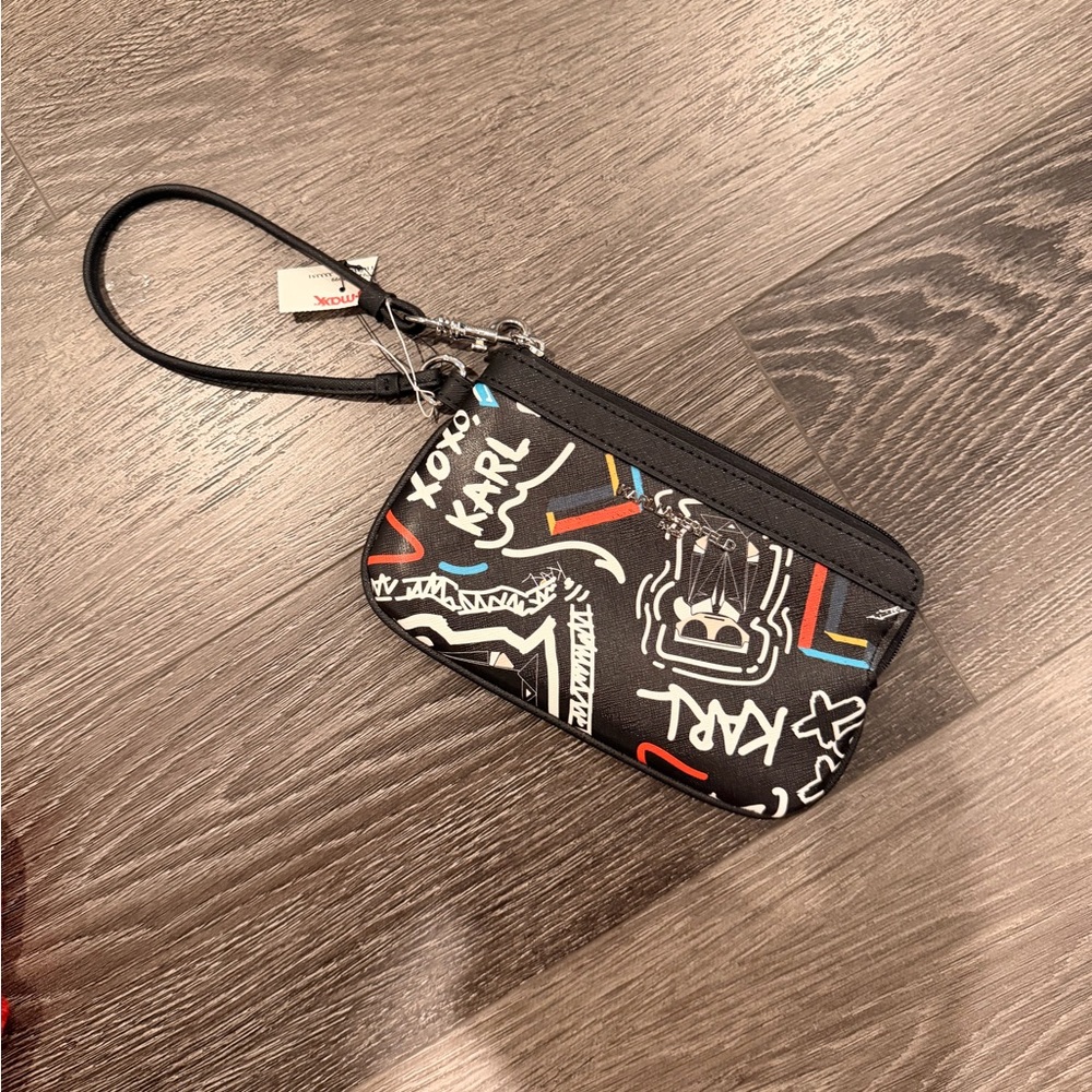 Karl Lagerfeld Black and Multicolor Graphic Wristlet